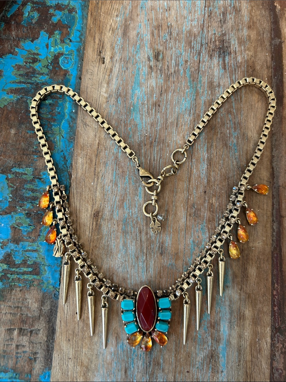 Lucky Brand Southwest Necklace w Spikes, Turquoise, Orange & Red Cabochons - Picture 5 of 12